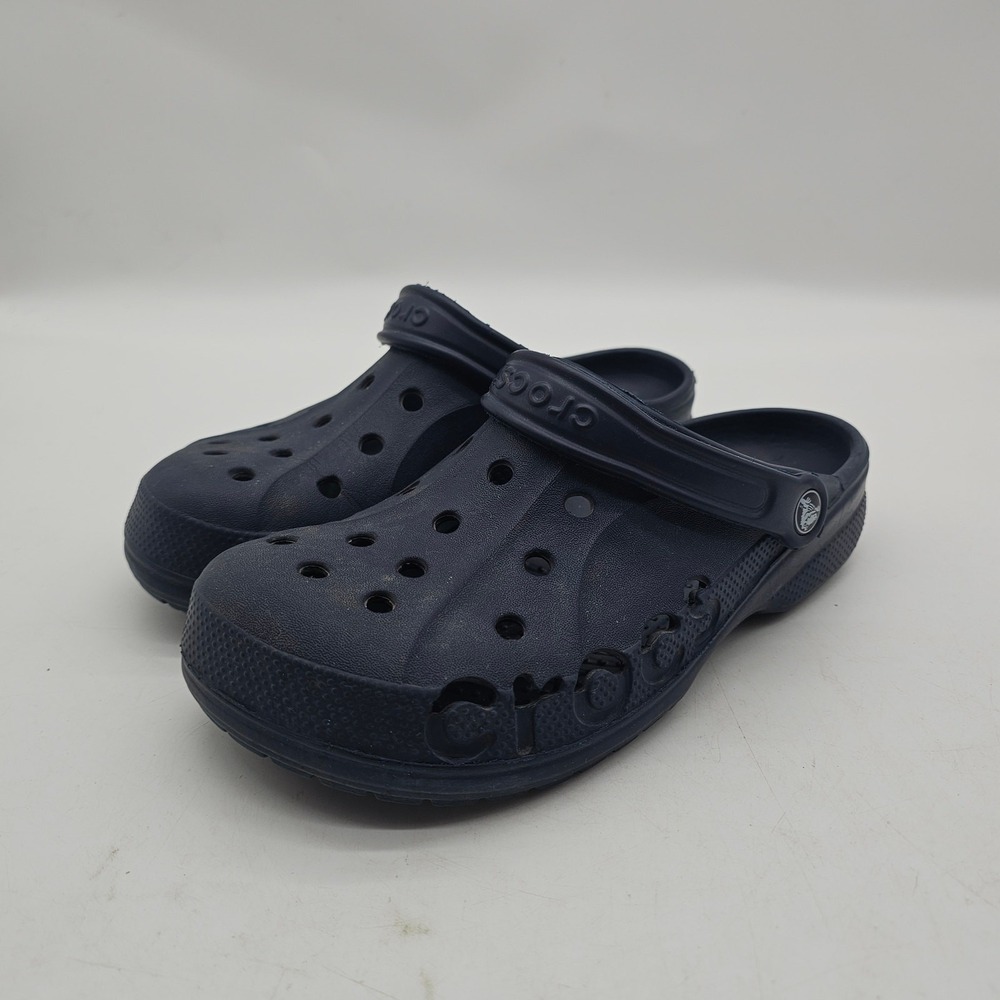 Men's 7 Women's 9 Navy Blue Crocs with crocs word‎ on the side